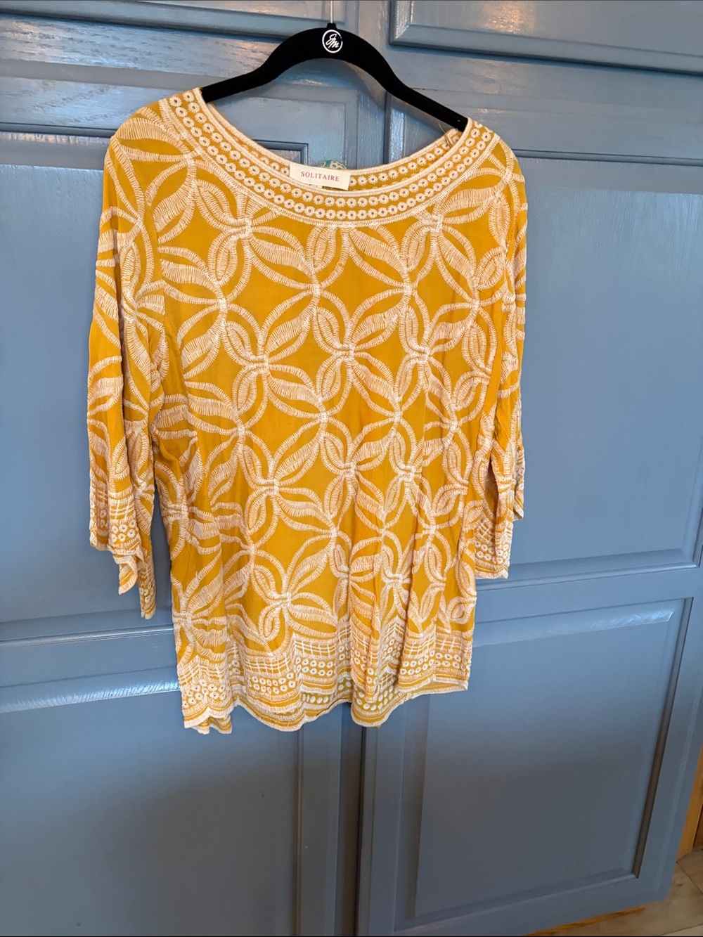 Solitaire Yellow Boatneck Tunic with White Geometric Embroidery